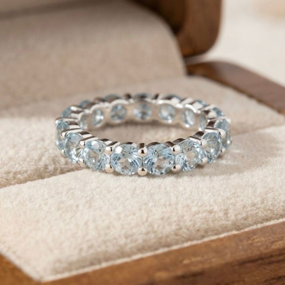 Sterling Silver Aquamarine Eternity Band Ring Light Blue Gemstones Jewelry Gift